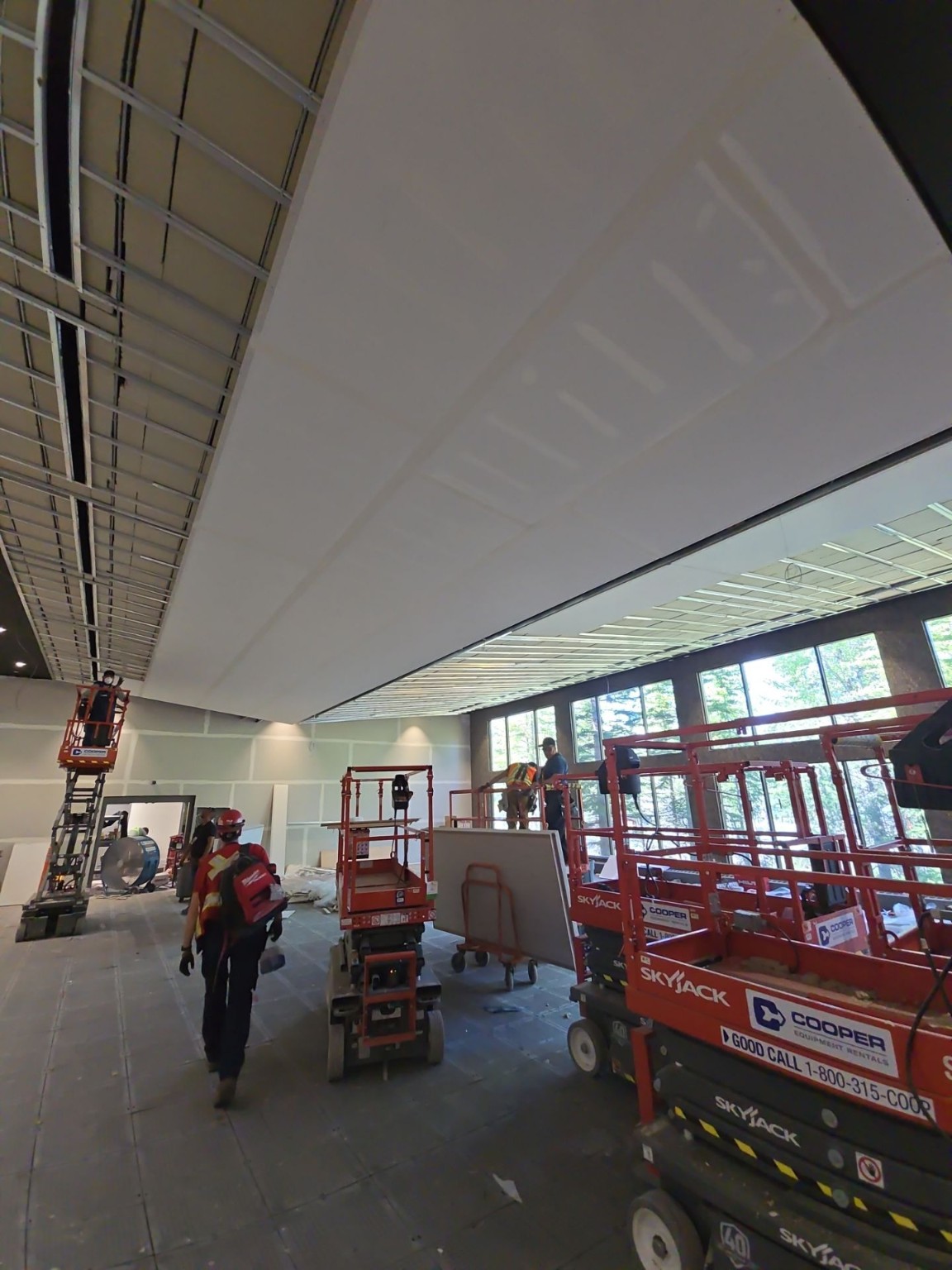Architectural ceiling boarding in progress at G7 Kananaskis
