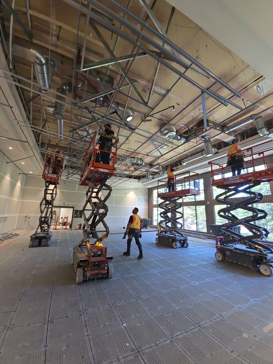 Ceiling framing and services during construction at G7 Kananaskis